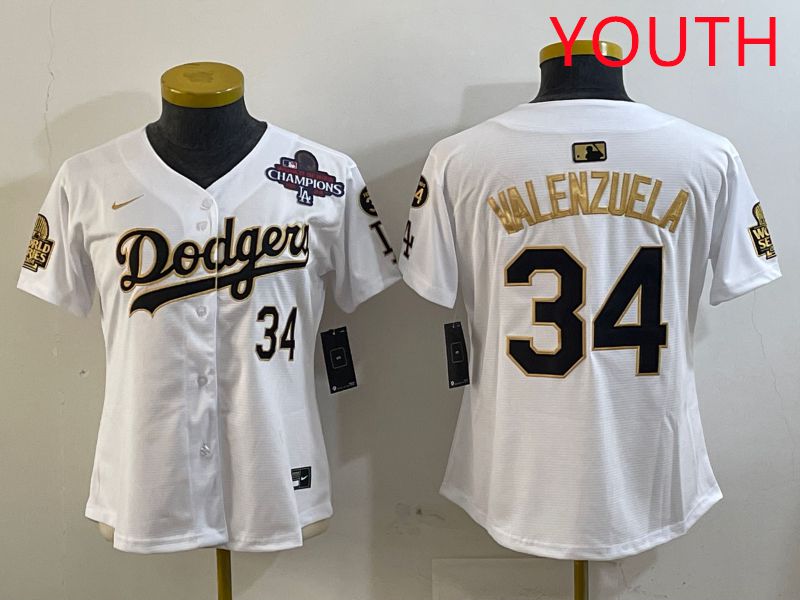 Youth Los Angeles Dodgers #34 Valenzuela White Gold Game 2025 Nike MLB Jersey style 3